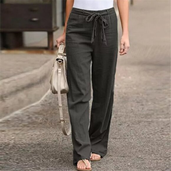 Casual High Waist Loose Straight Wide Leg Pant Women Jogger Cargo (Grey)